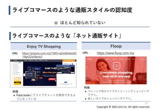 Copyright © 2021 knit Inc. All rights reserved.
15
 ほとんど知られていない
ライブコマースのような通販スタイルの認知度
ライブコマースのような「ネット通販サイト」
Enjoy TV Shopping
URL https://enjoytv.com.my/?SID=qbmtfe4esi92
19gh22ijn8eck2
特徴
◼ Face bookにてライブチャットが使用できるよ
うになっている
Floop
URL https://www.floop.com.my
特徴
◼ マレーシア初のライブストリーミングショッピング
アプリ。
◼ 新しいタイプのショッピングアプリ。
 