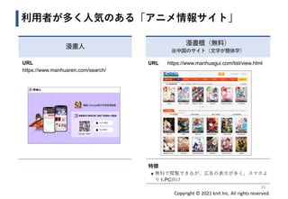 Copyright © 2021 knit Inc. All rights reserved.
利用者が多く人気のある「アニメ情報サイト」
漫畫人
URL
https://www.manhuaren.com/search/
漫畫櫃（無料）
※中...