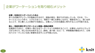 企業がワーケーションを取り組むメリット
16
企業：社員のエンゲージメント向上
多くの企業がテレワークが推進される中で、孤独の発生・繋がりが欠如している。それを、ワー
ケーションという形で、リアルで会って、現地で一緒に仕事をしながら、寝食を共にし、思い出作
ることで、共に働く人との繋がりを創出し、企業としての文化醸成に寄与することが可能である。
個人：有給を使わずにバケーション実施＋孤独の解消
社員旅行ではなく、仕事の一環となるワーケーションを実践することで、仕事をしながらリラック
スができたり、同じものを共有すること（景色、食べ物…など）で、仲間意識が醸成されて、日常
のパフォーマンスにも良い影響を及ぼすことが可能となる。
 