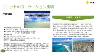 ニットのワーケーション実績
◆対象地域：沖縄県久米島
◆ワーケーション期間：10-31-11/8
◆取り組み内容：沖縄県の雇用課題解決への貢献
・テレワークの育成支援（予定）
◆協働事業者：
株式会社ブルー・オーシャン沖縄
地方創生をICTで支え続けるコンサルティングファーム
企業HP：https://boo-oki.com/
沖縄県の「離島テレワーク人材育成補助事業」が久米島町で開始。小
規模離島を含む複数の離島において広域的な支援体制を構築し、テレ
ワーカーの人材育成、テレワーク業務の受注・割り振り、就業支援な
どを実施する事業者へ助成を行うことにより、島外から仕事を取り込
む環境を整備・加速化することを目的としています。
▽沖縄県
19
沖縄県：久米島
平成８年に「日本の渚百選」に選ばれた「イーフビーチ」があり、
東洋一といわれるサンゴでできた真っ白な砂とコバルトブルーだけ
の砂州・「ハテの浜」と美しい海浜地帯があります。ダイビングは
数多い熱帯魚だけでなくジンベイザメ・イルカ・マンタ・ハンマー
ヘッドシャークなど、ダイバーをわくわくさせています。
島を訪れます。これも又、久米島の豊かな自然の恵みと言えます。
海ぶどうや車えびなどの海産物も豊富で舌鼓みできる環境です。
 