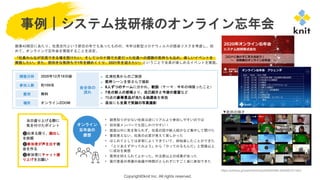 Copyright©knit Inc. All rights reserved.
事例｜システム技研様のオンライン忘年会
約100名
https://prtimes.jp/main/html/rd/p/000000085.000059127.html
• 顔見知りが少ない社員は逆にリアルより参加しやすいのでは
• 初対面メンバーでも話しかけやすい！
• 画面以外に気を取られず、社長の話や新人紹介など集中して聞けた
• 普段見えない、社員のお家が見えて楽しかった
• はじめてとしては非常によくできていて、終始楽しむことができた
• 「とりあえずやってみよう」から「やってみるもんだ」と想像以上
に成功を実感
• 費用を抑えられてよかった。外注費以上の成果があった
• 実行委員の準備の会議や時間がとられずにすごく楽に参加できた
参加人数
オンライン
忘年会の
感想
場所 オンラインZOOM
開催日時 2020年12月18日㈮
費用 無料
会全体の
流れ
■ 北浦社長からのご挨拶
■ 乾杯シーンを皆さんで撮影
■ 6人ずつのチームに分かれ、歓談（テーマ：今年の頑張ったこと）
■ 7名の新人の皆様より、自己紹介と今後の豊富など
■ 70点の豪華景品が当たる抽選会を実施
■ 最後にも全員で笑顔の写真撮影
当日盛り上げる際に
気を付けたポイント
❶出来る限り、顔出し
を依頼
❷参加者が声を出す機
会を作る
❸参加者にチャット盛
り上げをお願い
▼乾杯の様子
創業40期目にあたり、社長交代という節目の年でもあったものの、今年は新型コロナウィルスの感染リスクを考慮し、初
めて、オンラインで忘年会を実施することを決定。
「社員みんなが交流できる場を設けたい、そしてコロナ禍で大変だった社員への感謝の気持ちも込め、楽しいイベントを
実施したい。また、前向きな気持ちで1年を締めくくり、2021年を迎えたい」ということで全員が楽しめるイベントを実施。
 