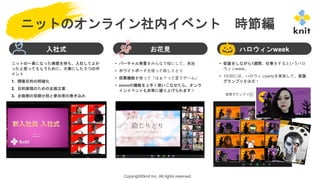Copyright©knit Inc. All rights reserved.
ニットのオンライン社内イベント 時節編
入社式 お花見 ハロウィンweek
• バーチャル背景をみんなで桜にして、実施
• ホワイトボードを使って絵しりとり
• 投票機能を使って「はぁ？って言うゲーム」
• zoomの機能を上手く使いこなせたら、オンラ
インイベントも非常に盛り上げられます！
• 仮装をしながら1週間、仕事をするというハロ
ウィンweek。
• 10/30には、ハロウィンpartyを実施して、仮装
グランプリを決定！
ニットの一員になった実感を持ち、入社してよか
ったと思ってもらうために、大事にした３つのポ
イント
1. 開催目的の明確化
2. 目的実現のための企画立案
3. 企画側の役割分担と参加者の巻き込み 仮想グランプリ▶
 