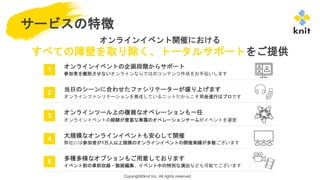 Copyright©knit Inc. All rights reserved.
サービスの特徴
オンラインイベント開催における
すべての障壁を取り除く、トータルサポートをご提供
5 多種多様なオプションもご用意しております
イベント前の事前収録・動画編集、イベント中の特別な演出なども可能でございます
4 大規模なオンラインイベントも安心して開催
弊社には参加者が1万人以上規模のオンラインイベントの開催実績が多数ございます
3
オンラインツール上の複雑なオペレーションも一任
オンラインイベントの経験が豊富な専属のオペレーションチームがイベントを運営
2
当日のシーンに合わせたファシリテーターが盛り上げます
オンラインファシリテーションを養成しているニットだからこそ司会進行はプロです
1 オンラインイベントの企画段階からサポート
参加者を離脱させないオンラインならではのコンテンツ作成をお手伝いします
 