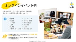 Copyright©knit Inc. All rights reserved.
オンラインイベント例
社内旅行に関しては、ニットのメンバーが日本全国・世界
33カ国におりますので、
現地在住のメンバーと繋いで、旅行気分を味わっていただ
ける内容となります。
これまで社内で行ってきたイベントや研修を、
オンラインに置き換える支援をします。
例 ● 記者会見
● 株主総会
● キックオフ
● 入社式
● 新人研修
● 全国マネージャー会議
● カンファレンス
● 忘年会・新年会
● 期末の打ち上げ
● 社内研修
● 合宿
● 社内旅行 など
 