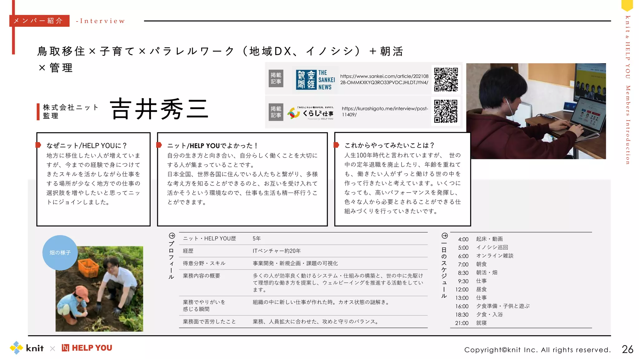 M
e
m
b
e
r
s
I
n
t
r
o
d
u
c
t
i
o
n
k
n
i
t
&
H
E
L
P
Y
O
U
4:00
5:00
6:00
7:00
8:30
9:30
12:00
13:00
16:00
18:30
21:00
起床・動画
イノシシ巡回
オンライン雑談
朝食
朝活・畑
仕事
昼食
仕事
夕食準備・子供と遊ぶ
夕食・入浴
就寝
一
日
の
ス
ケ
ジ
ュ
ー
ル
Copyright©knit Inc. All rights reserved. 26
鳥 取 移 住 × 子 育 て × パ ラ レ ル ワ ー ク （ 地 域 D X 、 イ ノ シ シ ） ＋ 朝 活
× 管 理
吉井秀三
株 式 会 社 ニ ッ ト
監 理
ニット・HELP YOU歴 5年
経歴 ITベンチャー約20年
得意分野・スキル 事業開発・新規企画・課題の可視化
業務内容の概要 多くの人が効率良く動けるシステム・仕組みの構築と、世の中に先駆け
て理想的な働き方を提案し、ウェルビーイングを推進する活動をしてい
ます。
業務でやりがいを
感じる瞬間
組織の中に新しい仕事が作れた時。カオス状態の謎解き。
業務面で苦労したこと 業務、人員拡大に合わせた、攻めと守りのバランス。
メ ン バ ー 紹 介 - I n t e r v i e w
プ
ロ
フ
ィ
ー
ル
https://www.sankei.com/article/202108
28-OMMKXKYQ3RO33PVDCJHLDTJYN4/
掲載
記事
ニット/HELP YOUでよかった！
自分の生き方と向き合い、自分らしく働くことを大切に
する人が集まっていることです。
日本全国、世界各国に住んでいる人たちと繋がり、多様
な考え方を知ることができるのと、お互いを受け入れて
活かそうという環境なので、仕事も生活も精一杯行うこ
とができます。
これからやってみたいことは？
人生100年時代と言われていますが、 世の
中の定年退職を廃止したり、年齢を重ねて
も、働きたい人がずっと働ける世の中を
作って行きたいと考えています。いくつに
なっても、高いパフォーマンスを発揮し、
色々な人から必要とされることができる仕
組みづくりを行っていきたいです。
なぜニット/HELP YOUに？
地方に移住したい人が増えていま
すが、今までの経験で身につけて
きたスキルを活かしながら仕事を
する場所が少なく地方での仕事の
選択肢を増やしたいと思ってニッ
トにジョインしました。
畑の様子
https://kurashigoto.me/interview/post-
11409/
掲載
記事
 