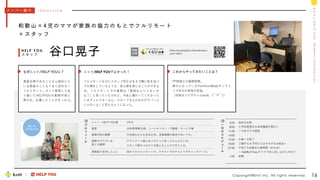 M
e
m
b
e
r
s
I
n
t
r
o
d
u
c
t
i
o
n
k
n
i
t
&
H
E
L
P
Y
O
U
一
日
の
ス
ケ
ジ
ュ
ー
ル
Copyright©knit Inc. All rights reserved. 16
和 歌 山 × 4 児 の マ マ が 家 族 の 協 力 の も と で フ ル リ モ ー ト
× ス タ ッ フ
谷口晃子
H E L P Y O U
ス タ ッ フ
ニット・HELP YOU歴 1年半
経歴 10年間専業主婦。コールセンター・不動産・サービス業
業務内容の概要 不定期なものも含め11件。営業事務の割合が多いです。
業務でやりがいを
感じる瞬間
クライアント様にありがとうと言ってもらえたとき。
スタッフ間のつながりを感じることができたとき。
業務面で苦労したこと 初めてのフルリモートで、テキストでのやりとりやキャッチアップ。
メ ン バ ー 紹 介 - I n t e r v i e w
プ
ロ
フ
ィ
ー
ル
https://kurashigoto.me/interview/
post-14061/
掲載
記事
ニット/HELP YOUでよかった！
フルリモートなのにスタッフ同士がまるで横に机を並べ
て仕事をしているような、安心感を感じることができる
点。フルリモートでの業務は「孤独なんじゃないか
な？」と思っていたけれど、今私と関わってくださって
いるディレクターさん、スタッフさんのおかげで「一人
じゃないよ」と思えるようになった。
これからやってみたいことは？
FP技能士の資格取得。
疎かになっているYumiCoreBodyオンライ
ンで自分の身体の改造。
（目指せフジ子ちゃんbody (￣∇￣)）
なぜニット/HELP YOUに？
専業主婦であることから脱却した
い＆家庭のこともうまく回せる＝
フルリモート。ネット検索して辿
り着いたHELPYOUの業務内容に
惹かれ、応募したことがきっかけ。
4人の
子どもたち
5:00
8:00
11:00
14:00
17:00
18:00
21:00
1:00
起床＆支度
小学校組登校＆保育園組を預けに
～不定ですが昼食
仕事一旦修了
ご飯作る＆子供たちはそれぞれお風呂へ
子供たち就寝＆仕事再開（あれば）
～ NetflixやHuluでドラマ流し見しながら片付け
就寝
 