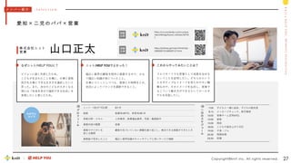 M
e
m
b
e
r
s
I
n
t
r
o
d
u
c
t
i
o
n
k
n
i
t
&
H
E
L
P
Y
O
U
7:00
8:15
10:00
12:00
15:00
18:00
19:00
20:30
23:30
子どもと一緒に起床、子どもの朝支度
メッセージチェック、数字確認
営業チーム定例MTG
昼食
商談
こどもの風呂上がり対応
夕食・ジム
残務処理
就寝
一
日
の
ス
ケ
ジ
ュ
ー
ル
Copyright©knit Inc. All rights reserved. 27
愛 知 × 二 児 の パ パ × 営 業
山口正太
株 式 会 社 ニ ッ ト
営 業
ニット・HELP YOU歴 8か月
経歴 医療系HR7年、保育系HR1年
得意分野・スキル 人材業界、医療福祉業界、写真・動画制作
業務内容の概要 営業
業務でやりがいを
感じる瞬間
顧客の気づいていない課題を掘り起こし、解決できる提案ができたとき
業務面で苦労したこと 幅広い業界知識のキャッチアップと深いサービス理解
メ ン バ ー 紹 介 - I n t e r v i e w
プ
ロ
フ
ィ
ー
ル
https://prtimes.jp/main/html/rd/p
/000000195.000059127.html
ニット/HELP YOUでよかった！
幅広い業界の顧客を相手に提案するので、かな
り幅広い知識が身についたこと。
仕事にコミットしつつも、家族との時間をとれ、
状況によってバランスを調節できること。
これからやってみたいことは？
フルリモートでも営業として成果を出せる
ということを証明したい。どちらかという
とネガティブなイメージを持たれやすい職
種なので、そのイメージを払拭し、営業で
もこういう働き方ができるというロールモ
デルを目指したい。
なぜニット/HELP YOUに？
ビジョンに強く共感したため。
こどもが生まれたことを機に、仕事と家族
両方を大事にできる生き方を選択したいと
思った。また、自分のこどもが大きくなる
頃には「未来を自分で選択できる社会」を
実現したいと感じたため。
わが子と
カメラ
https://ca.wantedly.com/compa
nies/strikingly9/post_articles/32745
7
掲載
記事
掲載
記事
 