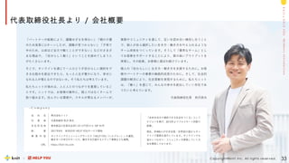 M
e
m
b
e
r
s
I
n
t
r
o
d
u
c
t
i
o
n
k
n
i
t
&
H
E
L
P
Y
O
U
代表取締役社長より / 会社概要
33
Copyright©knit Inc. All rights reserved.
M
e
m
b
e
r
s
I
n
t
r
o
d
u
c
t
i
o
n
k
n
i
t
&
H
E
L
P
Y
O
U
「パートナーの転勤により、離職せざるを得ない」「親の介護
のため実家にUターンしたが、適職が見つからない」「子育て
中のため、以前ほど全力で働くことができない」などのさまざ
まな理由で、「自分らしく働く」ということを諦めてしまう人
がたくさんいます。
そこで、オンラインを通じて一人ひとりが自分らしい選択をで
きる仕組みを創出できたら、もっと人生が豊かになり、幸せに
なれる人が増えるのではないか。そう私たちは考えています。
私たちニットの強みは、人と人とのつながりを重視しているこ
とです。ニットでは、お客様の案件に、個人ではなくチームで
取り組みます。住んでいる環境や、スキルが異なるメンバーが、
業務やコミュニティを通して、互いを認め合い補完し合うこと
で、個人が自ら選択したい生き方・働き方を叶えられるような
チーム体制をつくっています。そうして「優秀なチーム」とし
てお客様をサポートすることにより、質の高いアウトプットを
実現し、その結果、お客様に選ばれ続けています。
個人の「自分らしい」生き方・働き方を支援するために。お客
様やパートナーの事業の継続的成長のために。そして、社会的
課題の解決により、社会貢献を実現するために。私たちニット
は、「働く」を通じて、みんなの幸せを創出していく存在であ
りたいと考えています。
代表取締役社長 秋沢崇夫
会 社 名 株式会社ニット
代 表 者 代表取締役 秋沢 崇夫
本 社 所 在 地 東京都品川区西五反田7-22-17TOCビル 10F 41号
創 業 2017年8月 ※2015年 HELP YOUサービス開始
事 業 内 容 オンラインアウトソーシングサービス「HELP YOU（ヘルプユー）」の運営。
働き手への学びのサービス、働き手を応援するメディア事業なども展開。
URL https://knit-inc.com
「未来を自分で選択できる社会をつくる」という
ビジョンを掲げ、2015年よりフルリモート前提で
創業。
現在、約400人が日本全国・世界33カ国からオン
ラインで業務を遂行しています。オンラインでも
温かいつながり・コミュニティを開発していく方
法を模索しております。
- C o m p a n y
 