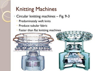 Knitting Machines
◦ Circular knitting machines – Fig. 9-3
Predominately weft knits
Produce tubular fabric
Faster than flat knitting machines
 