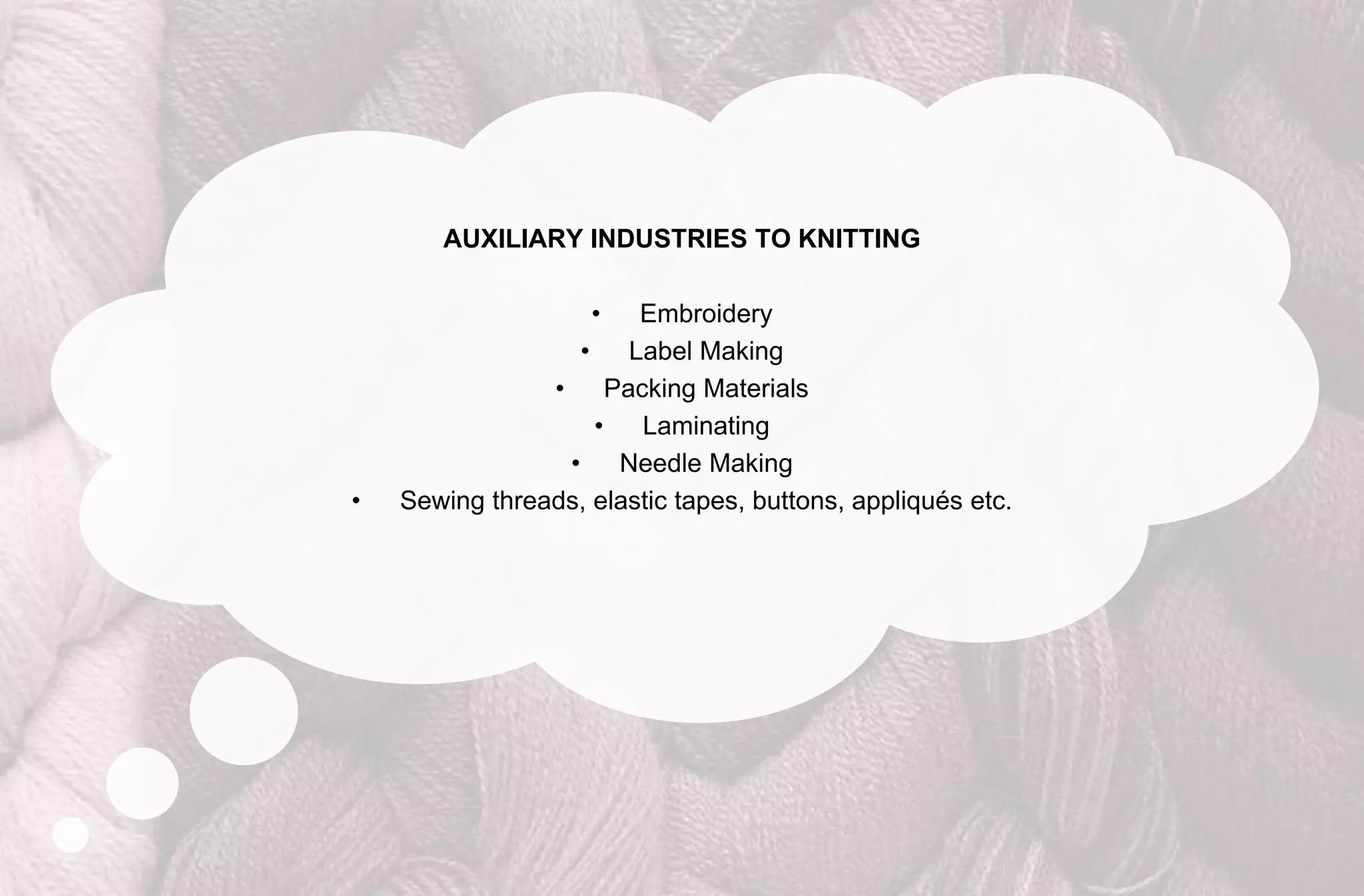AUXILIARY INDUSTRIES TO KNITTING

                    •      Embroidery
                    •     Label Making
                •       Packing Materials
                      •    Laminating
                  •      Needle Making
•   Sewing threads, elastic tapes, buttons, appliqués etc.
 