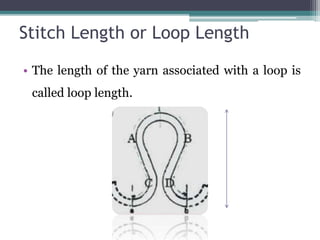 Stitch Length or Loop Length
• The length of the yarn associated with a loop is
called loop length.
 