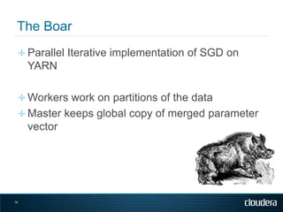 ✛ Parallel Iterative implementation of SGD on
     YARN

 ✛ Workers work on partitions of the data
 ✛ Master keeps global ...
