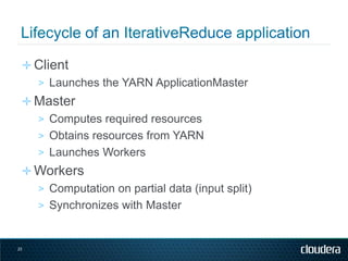 ✛ Client
   > Launches the YARN ApplicationMaster
 ✛ Master
   > Computes required resources
   > Obtains resources from Y...