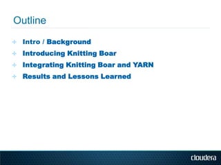 ✛ Intro / Background
✛ Introducing Knitting Boar
✛ Integrating Knitting Boar and YARN
✛ Results and Lessons Learned
 