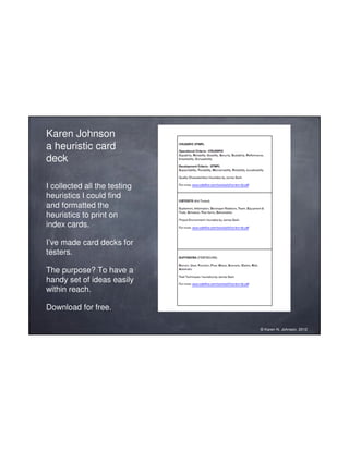 Design Heuristics Card.pdf Karen N. Johnson - software testing heuristics & mnemonics | PDF
