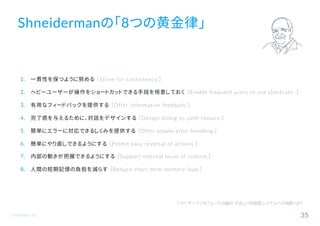 ©Astrolab Inc. 35
1. 一貫性を保つように努める （Strive for consistency.）
2. ヘビーユーザーが操作をショートカットできる手段を用意しておく （Enable frequent users to use shortcuts. ）
3. 有用なフィードバックを提供する （Offer informative feedback.）
4. 完了感を与えるために、対話をデザインする （Design dialog to yield closure.）
5. 簡単にエラーに対応できるしくみを提供する （Offer simple error handling.）
6. 簡単にやり直しできるようにする （Permit easy reversal of actions.）
7. 内部の動きが把握できるようにする （Support internal locus of control.）
8. 人間の短期記憶の負担を減らす （Reduce short-term memory load.）
Shneidermanの「8つの黄金律」
『ユーザーインタフェースの設計 やさしい対話型システムへの指針』より
 