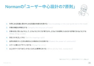 ©Astrolab Inc. 36
1. 外界にある知識と頭の中にある知識の両者を利用する （Use knowledge in the real world and in the head）
2. 作業の構造を単純化する （Simplify the structure of tasks）
3. 対象を目に見えるようにして、どのようにタスクが実行され、どのような結果になるのかを評価できるようにする
（Make things visible）
4. 対応づけを正しくする （Get the mappings right）
5. 自然の制約や人工的な制約などの制約の力を活用する （Exploit the power of constraints）
6. エラーに備えたデザインをする （Design for error）
7. 以上のすべてがうまくいかないときには標準化をする （When all else fails, standardize）
Normanの「ユーザー中心設計の7原則」
『誰のためのデザイン？―認知科学者のデザイン原論』より
 