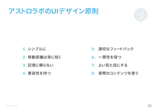 ©Astrolab Inc. 38
1. シンプルに
2. 移動距離は常に短く
3. 記憶に頼らない
4. 寛容性を持つ
アストロラボのUIデザイン原則
5. 適切なフィードバック
6. 一貫性を保つ
7. よい見た目にする
8. 実際のコンテンツを使う
 