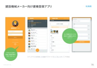 ©Astrolab Inc. 78
建設機械メーカー向け建機登録アプリ 利用例
メディアクエリを利用した仕組みでスマートフォンにもレスポンシブで対応
プリセットに加え
自由に変更可能な
カラースキーム
タッチ操作のモバイル
向けにも最適化された
UIパーツ
プリセットに加え
自由に変更可能な
カラースキーム
 