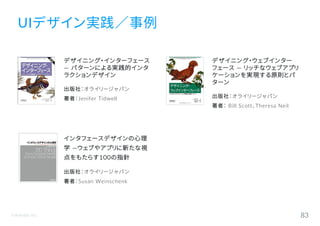 ©Astrolab Inc. 83
デザイニング・インターフェース
— パターンによる実践的インタ
ラクションデザイン
出版社：オライリージャパン
著者：Jenifer Tidwell
UIデザイン実践／事例
デザイニング・ウェブインター
フェース — リッチなウェブアプリ
ケーションを実現する原則とパ
ターン
出版社：オライリージャパン
著者： Bill Scott、Theresa Neil
インタフェースデザインの心理
学 ―ウェブやアプリに新たな視
点をもたらす100の指針
出版社：オライリージャパン
著者：Susan Weinschenk
 