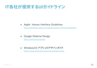 ©Astrolab Inc. 86
! Apple Human Interface Guidelines
https://developer.apple.com/design/human-interface-guidelines/
! Google Material Design
https://material.io/design/
! Windows10 アプリ UXデザインガイド
https://msdn.microsoft.com/ja-jp/mt634411.aspx
IT各社が提供するUIガイドライン
 