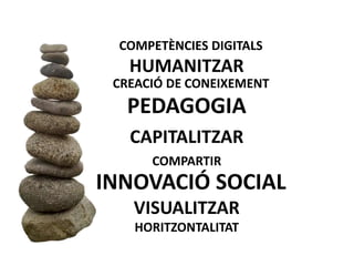 COMPETÈNCIES DIGITALS 
HUMANITZAR 
CREACIÓ DE CONEIXEMENT 
PEDAGOGIA 
CAPITALITZAR 
COMPARTIR 
INNOVACIÓ SOCIAL 
VISUALITZAR 
HORITZONTALITAT 
 