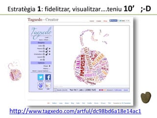 Estratègia 1: fidelitzar, visualitzar….teniu 10’ ;-D 
Aina ALCANAR Dolors SANTABARBARA Judit 
AMPOSTA Camilo AMPOSTA Tere ROQUETES 
CarmeM GANDESA Mireia MORA D’EBRE 
Josefina RUBI L’HOSPITALETDELLOBREGAT 
TONA SANTBOIDELLOBREGAT SITGES CALAF 
REUS Dídac CarmeG CONCABARBERÀ: Estel 
BAIXPENEDES: Hermini BAIXCAMP Anna 
Ruth Oriol Sandra Laura Belén Amadeo Carol 
Marta NúriaR Raimon Bet NuriaS Marisol 
http://www.tagxedo.com/artful/dc98bd6a18e14ac1 
 