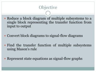 Objective
 Reduce a block diagram of multiple subsystems to a
single block representing the transfer function from
input to output
 Convert block diagrams to signal-flow diagrams
 Find the transfer function of multiple subsystems
using Mason's rule
 Represent state equations as signal-flow graphs
 