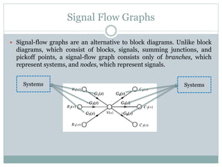 Signal Flow Graphs
 Signal-flow graphs are an alternative to block diagrams. Unlike block
diagrams, which consist of blocks, signals, summing junctions, and
pickoff points, a signal-flow graph consists only of branches, which
represent systems, and nodes, which represent signals.
Systems Systems
 