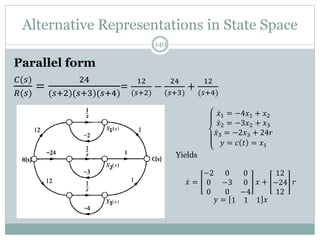 Alternative Representations in State Space
140
Parallel form
𝐶(𝑠)
𝑅(𝑠)
=
24
(𝑠+2)(𝑠+3)(𝑠+4)
=
12
(𝑠+2)
−
24
(𝑠+3)
+
12
(𝑠+4)
𝑥1 = −4𝑥1 + 𝑥2
𝑥2 = −3𝑥2 + 𝑥3
𝑥3 = −2𝑥3 + 24𝑟
𝑦 = 𝑐 𝑡 = 𝑥1
Yields
𝑥 =
−2 0 0
0 −3 0
0 0 −4
𝑥 +
12
−24
12
𝑟
𝑦 = 1 1 1 𝑥
 
