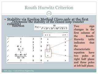 Routh Hurwitz Criterion
KNL 3354 – Control System Engineering
165
 Stability via Epsilon Method (Zero only at the first
column)
Determine the stability of the closed-loop transfer
function Two sign
changes in the
first column of
the Routh-
Hurwitz table
indicates that
the
characteristic
equation have
two poles at
right half plane
and three poles
at left half plane.
 