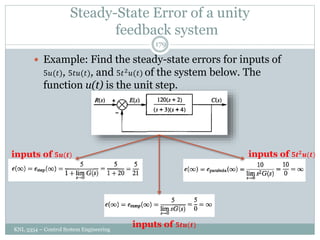 Steady-State Error of a unity
feedback system
KNL 3354 – Control System Engineering
179
 Example: Find the steady-state errors for inputs of
5𝑢(𝑡), 5𝑡𝑢(𝑡), and 5𝑡2𝑢(𝑡) of the system below. The
function u(t) is the unit step.
inputs of 𝟓𝒖(𝒕)
inputs of 𝟓𝒕𝒖(𝒕)
inputs of 𝟓𝒕𝟐
𝒖(𝒕)
 