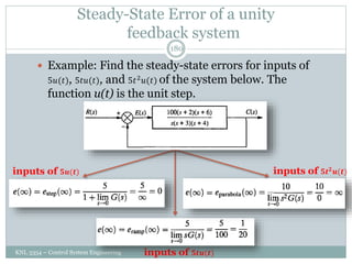 Steady-State Error of a unity
feedback system
KNL 3354 – Control System Engineering
180
 Example: Find the steady-state errors for inputs of
5𝑢(𝑡), 5𝑡𝑢(𝑡), and 5𝑡2𝑢(𝑡) of the system below. The
function u(t) is the unit step.
inputs of 𝟓𝒖(𝒕)
inputs of 𝟓𝒕𝒖(𝒕)
inputs of 𝟓𝒕𝟐
𝒖(𝒕)
 
