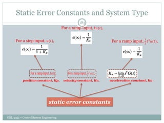 Static Error Constants and System Type
KNL 3354 – Control System Engineering
183
For a step input, 𝑢(𝑡),
For a ramp input, t𝑢(𝑡),
For a ramp input,
1
2
𝑡2
𝑢(𝑡),
position constant, Kp, velocity constant, Kv, acceleration constant, Ka
static error constants
 