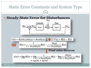 Static Error Constants and System Type
KNL 3354 – Control System Engineering
189
 Steady-State Error for Disturbances
Final value theorem
 