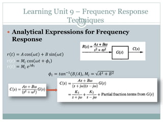 Learning Unit 9 – Frequency Response
Techniques
233
 Analytical Expressions for Frequency
Response
𝑟 𝑡 = 𝐴 cos 𝜔𝑡 + 𝐵 sin 𝜔𝑡
𝑟 𝑡 = 𝑀𝑖 cos 𝜔𝑡 + 𝜙𝑖
𝑟 𝑡 = 𝑀𝑖 𝑒𝑗𝜙𝑖
𝜙𝑖 = 𝑡𝑎𝑛−1(𝐵/𝐴), 𝑀𝑖 = 𝐴2 + 𝐵2
 