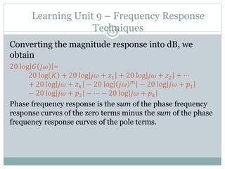 Learning Unit 9 – Frequency Response
Techniques
238
Converting the magnitude response into dB, we
obtain
20 log 𝐺 𝑗𝜔 =
20 log 𝐾 + 20 log 𝑗𝜔 + 𝑧1 + 20 log 𝑗𝜔 + 𝑧2 + ⋯
+ 20 log 𝑗𝜔 + 𝑧𝑘 − 20 log 𝑗𝜔 𝑚 − 20 log 𝑗𝜔 + 𝑝1
− 20 log 𝑗𝜔 + 𝑝2 − ⋯ − 20 log 𝑗𝜔 + 𝑝𝑘
Phase frequency response is the sum of the phase frequency
response curves of the zero terms minus the sum of the phase
frequency response curves of the pole terms.
 