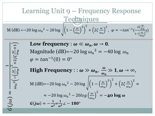 Learning Unit 9 – Frequency Response
Techniques
257
Low frequency : 𝝎 ≪ 𝝎𝒏, 𝝎 → 𝟎.
Magnitude (dB)=−20 log 𝜔𝑛
2 = −40 log 𝜔𝑛
𝜑 = 𝑡𝑎𝑛−1
0 = 0°
High Frequency : : 𝝎 ≫ 𝝎𝒏,
𝝎
𝝎𝒏
≫ 𝟏, 𝝎 → ∞,
M (dB)=−20 log 𝜔𝑛
2
− 20 log 1 −
𝜔
𝜔𝑛
2 2
+ 2𝜁
𝜔
𝜔𝑛
2
≈
Magnit≈ −20 log 𝜔𝑛
2 − 20𝑙𝑜𝑔
𝜔
𝜔𝑛
2
= −40 log 𝝎
𝑮 𝒋𝝎 ≈ −
𝟏
𝝎𝟐=
𝟏
𝝎𝟐 ∠ − 𝟏𝟖𝟎°
M (dB) =−20 log 𝜔𝑛
2
− 20 log 1 −
𝜔
𝜔𝑛
2 2
+ 2𝜁
𝜔
𝜔𝑛
2
, 𝜑 = −𝑡𝑎𝑛−1
(
2𝜁
𝜔
𝜔𝑛
1−
𝜔
𝜔𝑛
2)
 