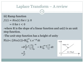 Laplace Transform – A review
29
iii) Ramp function
𝑓 𝑡 = 𝑅𝑡𝑢 𝑡 for 𝑡 ≥ 0
𝑓 𝑡 = 0 for 𝑡 < 0
-where R is the slope of a linear function and us(t) is an unit
step function.
-The unit-step function has a height of unity
F(s)=L [𝑅𝑡𝑢 𝑡 ]=R 0
∞
𝑡. 𝑒−𝑠𝑡
𝑑𝑡
F(s)=L [𝑅𝑢 𝑡 ]=𝑅 𝑡
𝑒−𝑠𝑡
−𝑠 0
∞
− R 0
∞ 𝑒−𝑠𝑡
−𝑠
𝑑𝑡
F(s)=L [𝑅𝑢 𝑡 ]=
𝑅
𝑠2
 