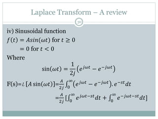 Laplace Transform – A review
30
iv) Sinusoidal function
𝑓 𝑡 = 𝐴𝑠𝑖𝑛(𝜔𝑡) for 𝑡 ≥ 0
𝑓 𝑡 = 0 for 𝑡 < 0
Where
sin 𝜔𝑡 =
1
2𝑗
𝑒𝑗𝜔𝑡 − 𝑒−𝑗𝜔𝑡
F(s)=L [𝐴 sin 𝜔𝑡 ]=
𝐴
2𝑗 0
∞
𝑒𝑗𝜔𝑡 − 𝑒−𝑗𝜔𝑡 . 𝑒−𝑠𝑡𝑑𝑡
F(s)=L [𝐴 sin 𝜔𝑡 ]=
𝐴
2𝑗
[ 0
∞
𝑒𝑗𝜔𝑡−𝑠𝑡𝑑𝑡 + 0
∞
𝑒−𝑗𝜔𝑡−𝑠𝑡𝑑𝑡]
 