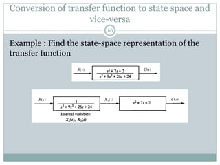 Example : Find the state-space representation of the
transfer function
Conversion of transfer function to state space and
vice-versa
66
 