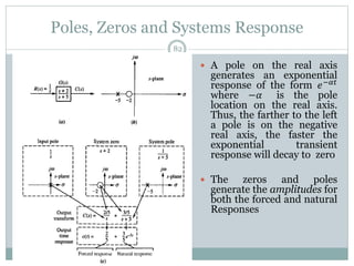 Poles, Zeros and Systems Response
82
 A pole on the real axis
generates an exponential
response of the form 𝑒−𝛼𝑡
where −𝛼 is the pole
location on the real axis.
Thus, the farther to the left
a pole is on the negative
real axis, the faster the
exponential transient
response will decay to zero
 The zeros and poles
generate the amplitudes for
both the forced and natural
Responses
 