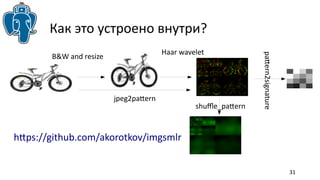31 
Как это устроено внутри? 
B&W and resize Haar wavelet 
pattern2signature 
shuffle_pattern 
jpeg2pattern 
https://github.com/akorotkov/imgsmlr 
 