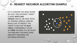 K- NEAREST NEIGHBOR ALGORITHM EXAMPLE
• LET’S CONSIDER THE IMAGE WHERE
WE HAVE TWO DIFFERENT TARGET
CLASSES WHITE AND
ORANGE CIRCLES. WE HAVE TOTAL
26 TRAINING SAMPLES. NOW WE
WOULD LIKE TO PREDICT THE
TARGET CLASS FOR THE BLUE
CIRCLE. CONSIDERING K VALUE
AS THREE, WE NEED TO CALCULATE
THE SIMILARITY DISTANCE USING
SIMILARITY MEASURES LIKE
EUCLIDEAN DISTANCE.
 