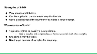 Strengths of k-NN
● Very simple and intuitive.
● Can be applied to the data from any distribution.
● Good classification if the number of samples is large enough.
Weaknesses of k-NN
● Takes more time to classify a new example.
○ need to calculate and compare distance from new example to all other examples.
● Choosing k may be tricky.
● Need large number of samples for accuracy.
 