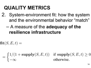 QUALITY METRICS
2. System-environment fit: how the system
and the environmental behavior “match”
– A measure of the adequacy of the
resilience infrastructure
14
 