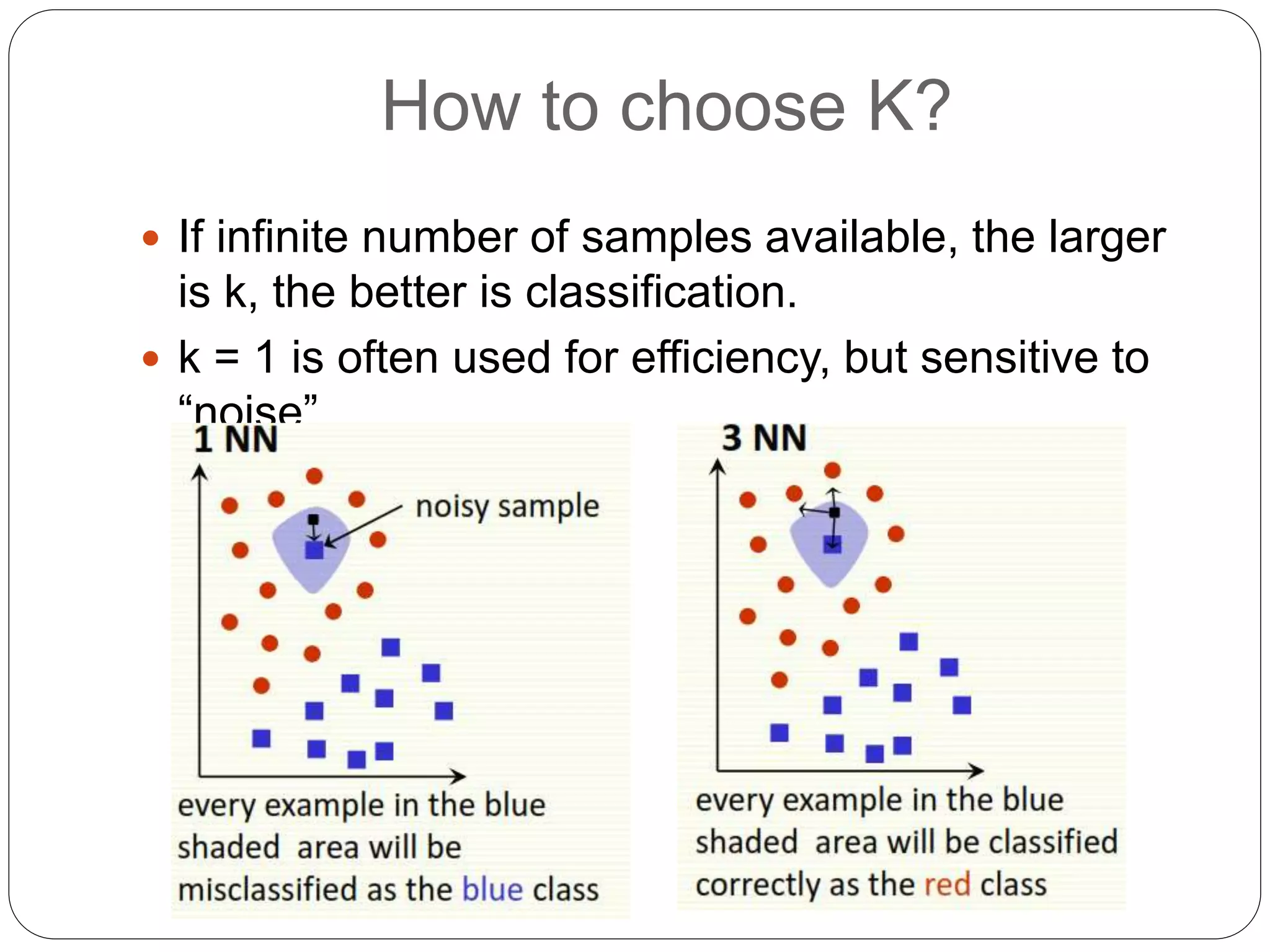 How to choose K?
 If infinite number of samples available, the larger
is k, the better is classification.
 k = 1 is often used for efficiency, but sensitive to
“noise”
 