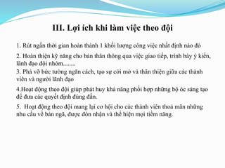 III. Lợi ích khi làm việc theo đội
1. Rút ngắn thời gian hoàn thành 1 khối lượng công việc nhất định nào đó
2. Hoàn thiện kỹ năng cho bản thân thông qua việc giao tiếp, trình bày ý kiến,
lãnh đạo đội nhóm........
3. Phá vỡ bức tường ngăn cách, tạo sự cởi mở và thân thiện giữa các thành
viên và người lãnh đạo
4.Hoạt động theo đội giúp phát huy khả năng phối hợp những bộ óc sáng tạo
để đưa các quyết định đúng đắn.
5. Hoạt động theo đội mang lại cơ hội cho các thành viên thoả mãn những
nhu cầu về bản ngã, được đón nhận và thể hiện mọi tiềm năng.
 