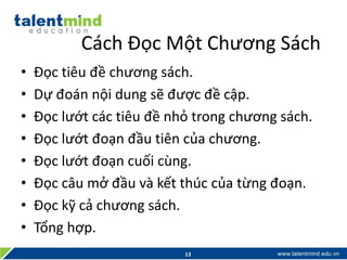 Cách Đọc Một Chương Sách
• Đọc tiêu đề chương sách.
• Dự đoán nội dung sẽ được đề cập.
• Đọc lướt các tiêu đề nhỏ trong chương sách.
• Đọc lướt đoạn đầu tiên của chương.
• Đọc lướt đoạn cuối cùng.
• Đọc câu mở đầu và kết thúc của từng đoạn.
• Đọc kỹ cả chương sách.
• Tổng hợp.
13
 
