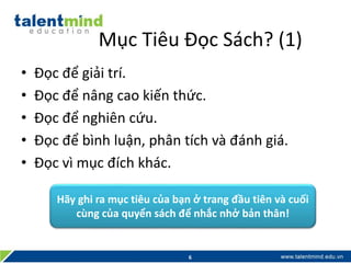 Mục Tiêu Đọc Sách? (1)
• Đọc để giải trí.
• Đọc để nâng cao kiến thức.
• Đọc để nghiên cứu.
• Đọc để bình luận, phân tích và đánh giá.
• Đọc vì mục đích khác.
6
Hãy ghi ra mục tiêu của bạn ở trang đầu tiên và cuối
cùng của quyển sách để nhắc nhở bản thân!
 